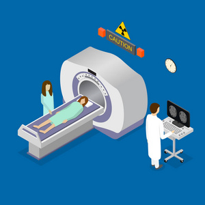 病人和医生诊断扫描仪层析成像的等轴视图。矢量