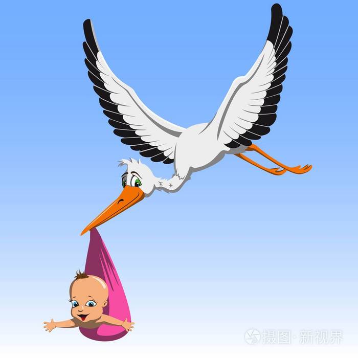 卡通可爱鹳携带婴儿