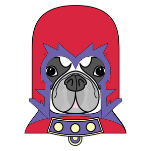 服装与海角，在红色 黄色 蓝色和紫色作为法国斗牛犬性格掩码中的漫画小人符号