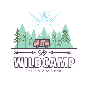 Wildcamp 生活。夏季极端冒险。时髦的概述了风格插图中，排版设计