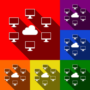 电脑网络符号。矢量。一套与平面阴影在红色 橙色 黄色 绿色 蓝色和紫色背景图标