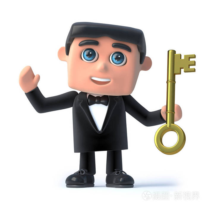 3d一个人在燕尾服和弓领带拿着一把金钥匙的渲染