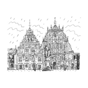 铅笔曼历史家的黑头和圣曼罗兰在拉脱维亚首都里加老城的雕像照片