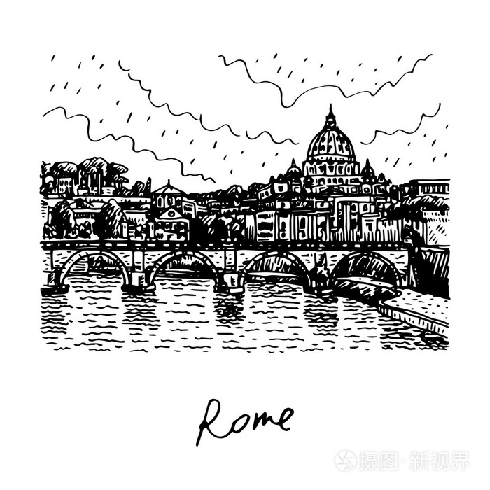 查看在台伯河和圣伯多禄大教堂在罗马,意大利插画-正版商用图片0ow572