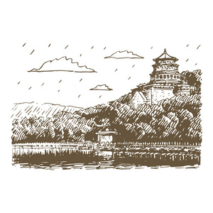 颐和园的风光，北京，中国。矢量手绘铅笔素描