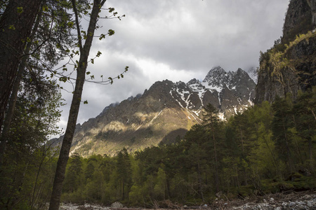 山风景。美丽的景色风景如画的峡谷, 与高山的全景。北高加索的性质, 在山上休息