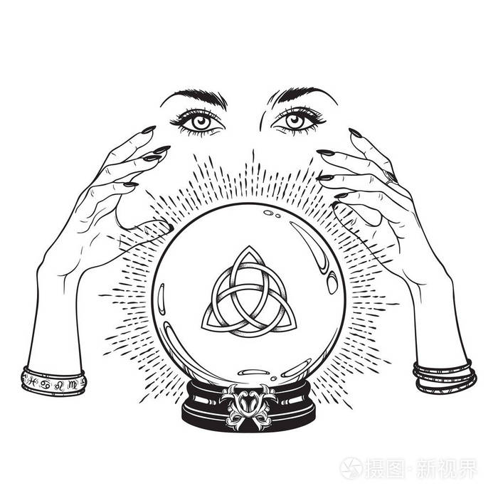 手画魔术水晶球与竹叶或三位一体结在手的算命线艺术和点工作.