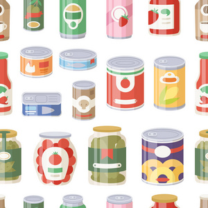 收集各种罐头罐装货物食品金属容器杂货店和产品无缝模式存储铝平标签保存矢量图