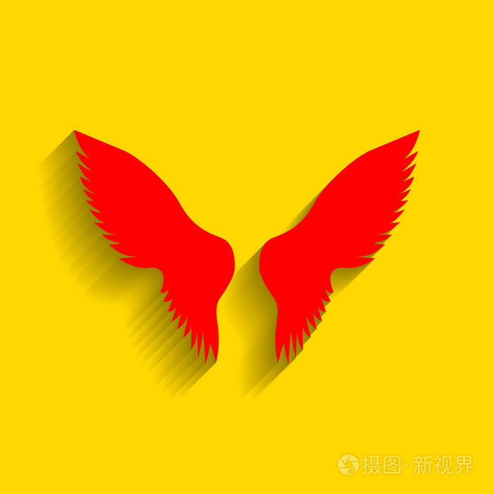 翅膀签署的插图.矢量.与柔和的阴影,在金色的背景上的红色图标