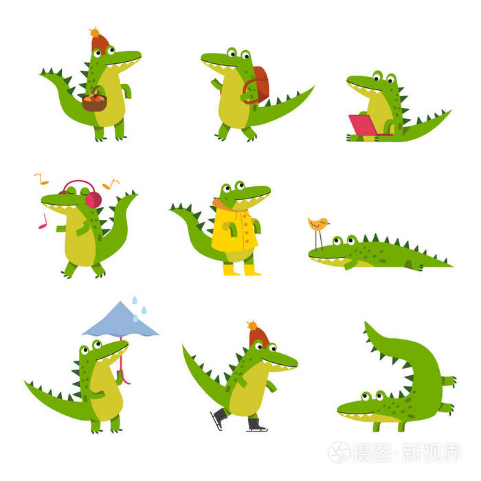可爱的卡通鳄鱼在每一天活动,丰富多彩的人物矢量插图