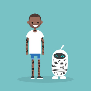 纹身亚文化。人类和机器人完全覆盖纹身平面可编辑矢量插图, 剪贴画