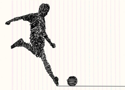 连续线图。插图显示一个足球运动员踢球。足球。矢量插图