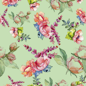 粉红色花束野花。花卉植物花。无缝的背景图案。织物墙纸打印纹理。背景质地包装图案框架或边框的水彩画野花