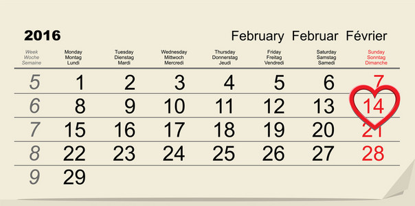 2016 年 2 月 14 日情人节日历