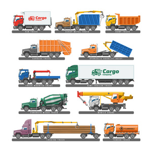 卡车载体运载车或货物运输和卡车运输与拖车例证集合混凝土搅拌机卡车或卡车拖车在白色背景隔绝了