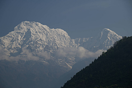 布尔纳南 23684 ft 和 Hiunchuli 21132 ft 从 Landruk, 尼泊尔