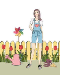 年轻的少女素描女孩穿着牛仔裤的工作服在花园里花。在白色背景上绘制矢量图