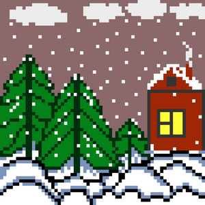 像素的房子和森林冬季景观矢量图
