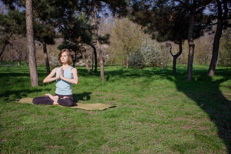 年轻美丽适合女人 doeing 瑜伽 asans 在瑜伽垫上的松树公园