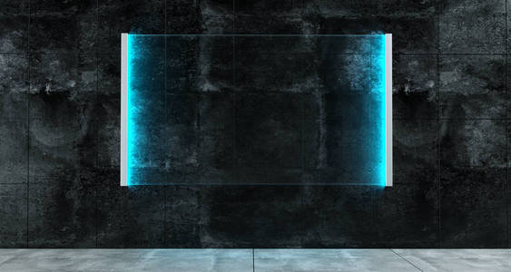 带有方形蓝色亮玻璃的混凝土墙的房间。空的空间. 3 d 渲染插图