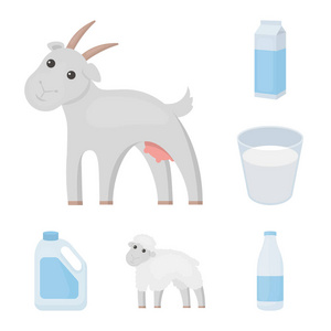 牛奶产品卡通图标集合中的设计. 牛奶和食物矢量符号股票网页插图