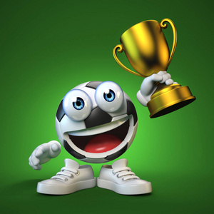 足球, 足球与卡通面持有黄金奖杯, 体育 emoji 表情, 足球吉祥物3d