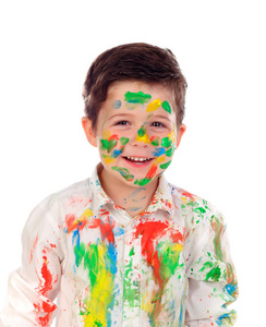 脸上涂满了油漆的滑稽小男孩, 在白色背景下被隔离