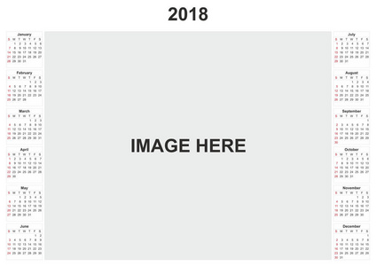 2018日历, 具有白色背景和图像空间