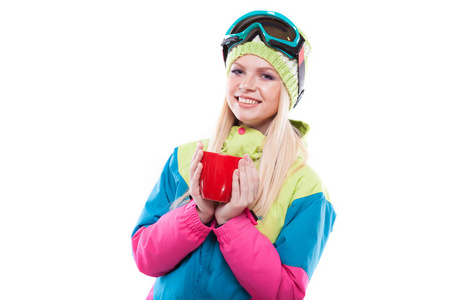 女人在滑雪装红杯