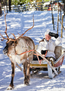 驯鹿雪橇女子骑在冬天罗瓦涅米图片