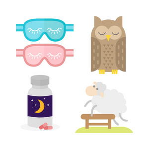 睡眠图标矢量插图安眠药牛奶饼干饼干玻璃瓶睡觉猫头鹰眼罩