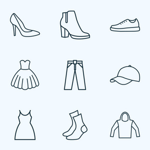 服装图标线样式设置与礼服, 女性靴子, 高跟鞋和其他运动衫元素。独立插图衣服图标