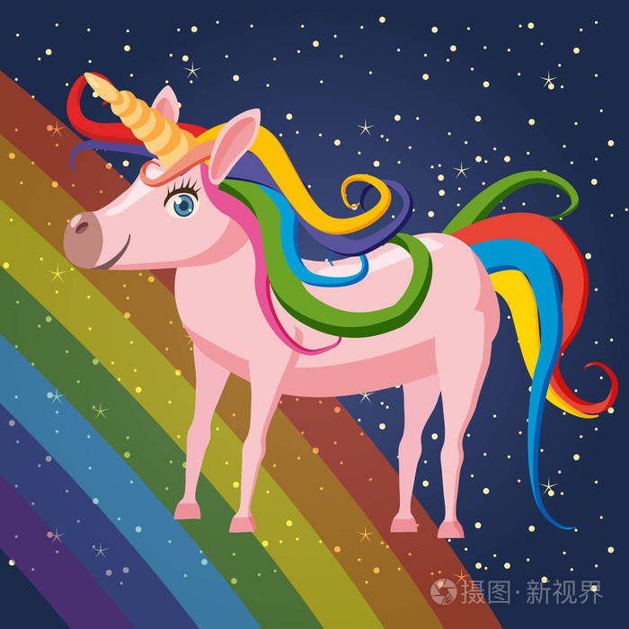 可爱的卡通独角兽在背景空间彩虹插图矢量孤立