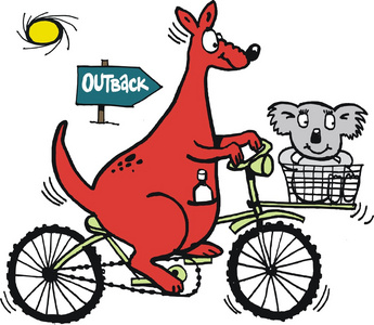 卡通的红袋鼠一起骑着脚踏车在承运人只无尾熊