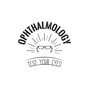 眼镜图标。眼科徽章测试你的眼睛文本。视力测试。眼镜在横梁。向量