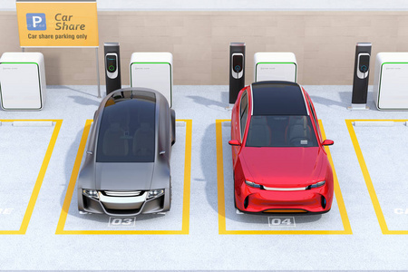 汽车共享停车场的电动 Suv 和自驾轿车的前视图。汽车共享概念。3d 渲染图像