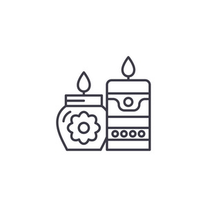 蜡烛在温泉线性图标概念。蜡烛在水疗线矢量符号, 符号, 插图