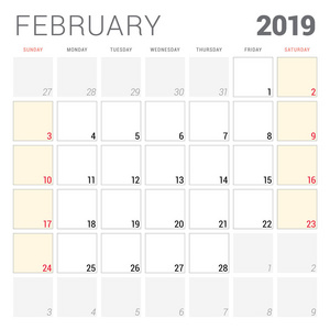 2019年2月日历规划师。星期从星期日开始。可打印矢量信纸设计模板