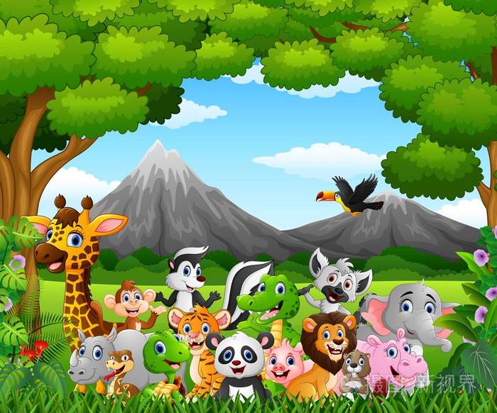 卡通野生动物在丛林中