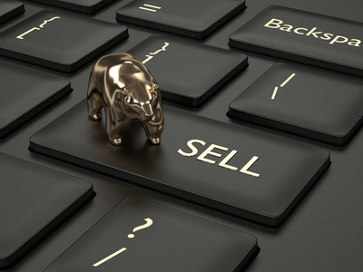 3d. 用 卖出 按钮和熊来渲染电脑键盘特写。股票市场符号概念