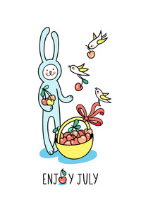 享受君享贺卡。兔子宝宝在篮子里收集甜樱桃, 小鸟帮助他。可爱的手绘制的动物字符和图形元素为儿童设计的白色背景