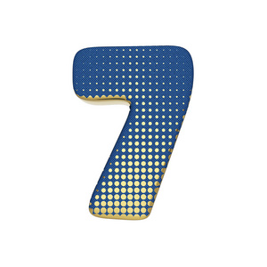 字母数字7。金色的半色调字体由蓝色牛仔纹理。3d 渲染在白色背景下被隔离