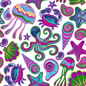 矢量手工绘制的水母壳无缝图案图片