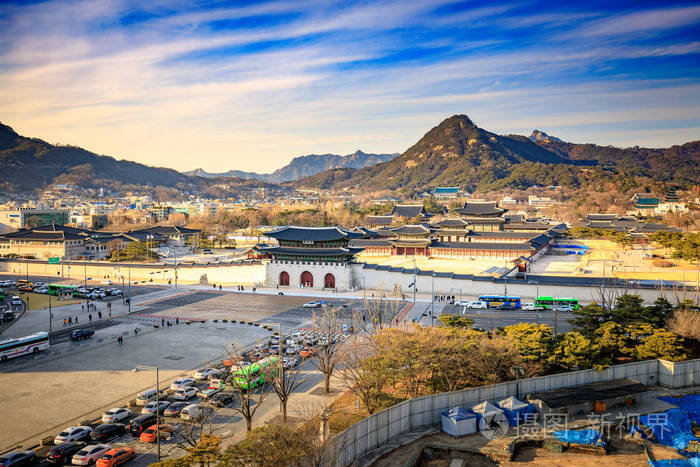 韩国首尔景福宫和蓝屋鸟瞰图