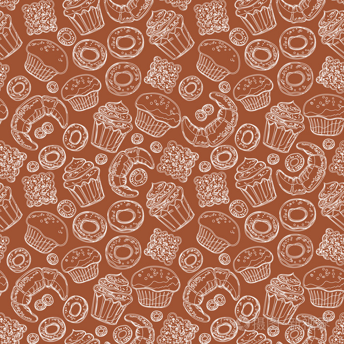 无缝矢量图案与手绘涂鸦烘焙产品.