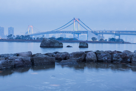 彩虹桥的背景下，日本的东京海湾海滨区