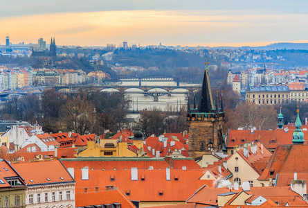传统的红色屋顶在旧镇的布拉格和河伏尔塔瓦河