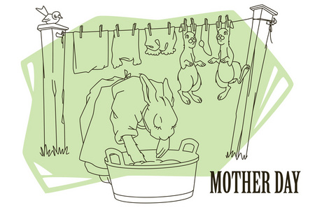 有趣的股票图。兔妈妈洗的衣服和儿童
