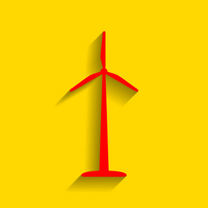 风力涡轮机标志或标志。矢量。与柔和的阴影，在金色的背景上的红色图标