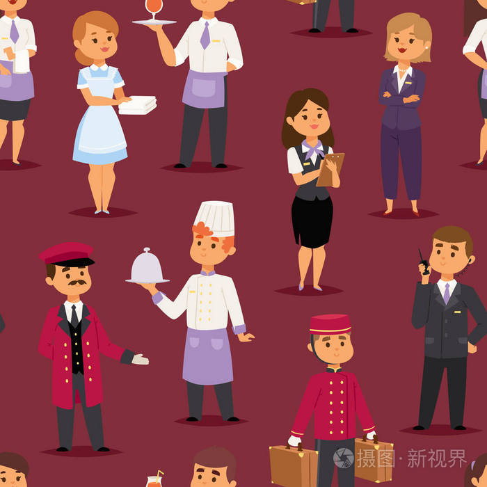 酒店职业人工人快乐接待员站在旅馆柜台和可爱的人物,在统一的无缝